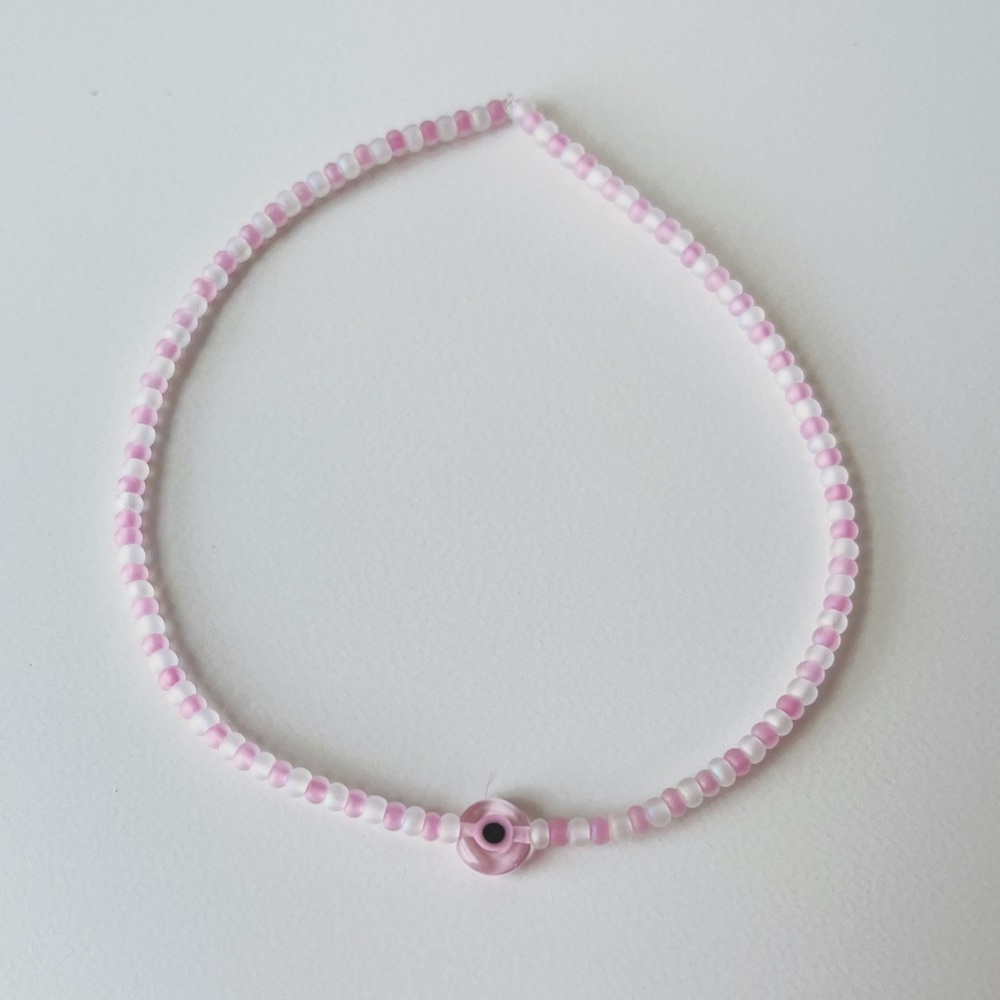 Pink & White Seed Bead Evil Eye Bracelet
